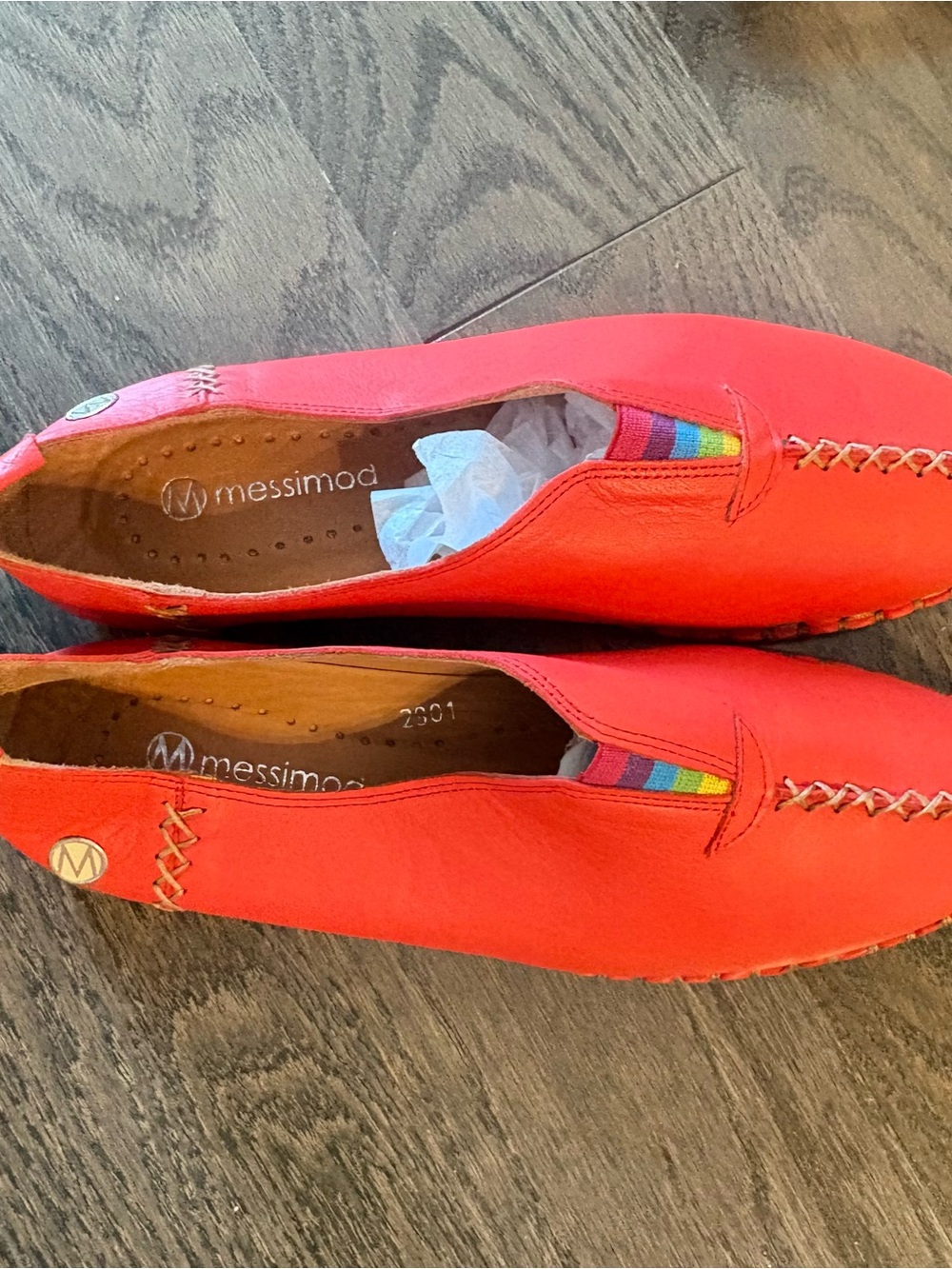 Clearout NWOT Messimo Red Slip-On Leather Loafers with Rainbow Accent
